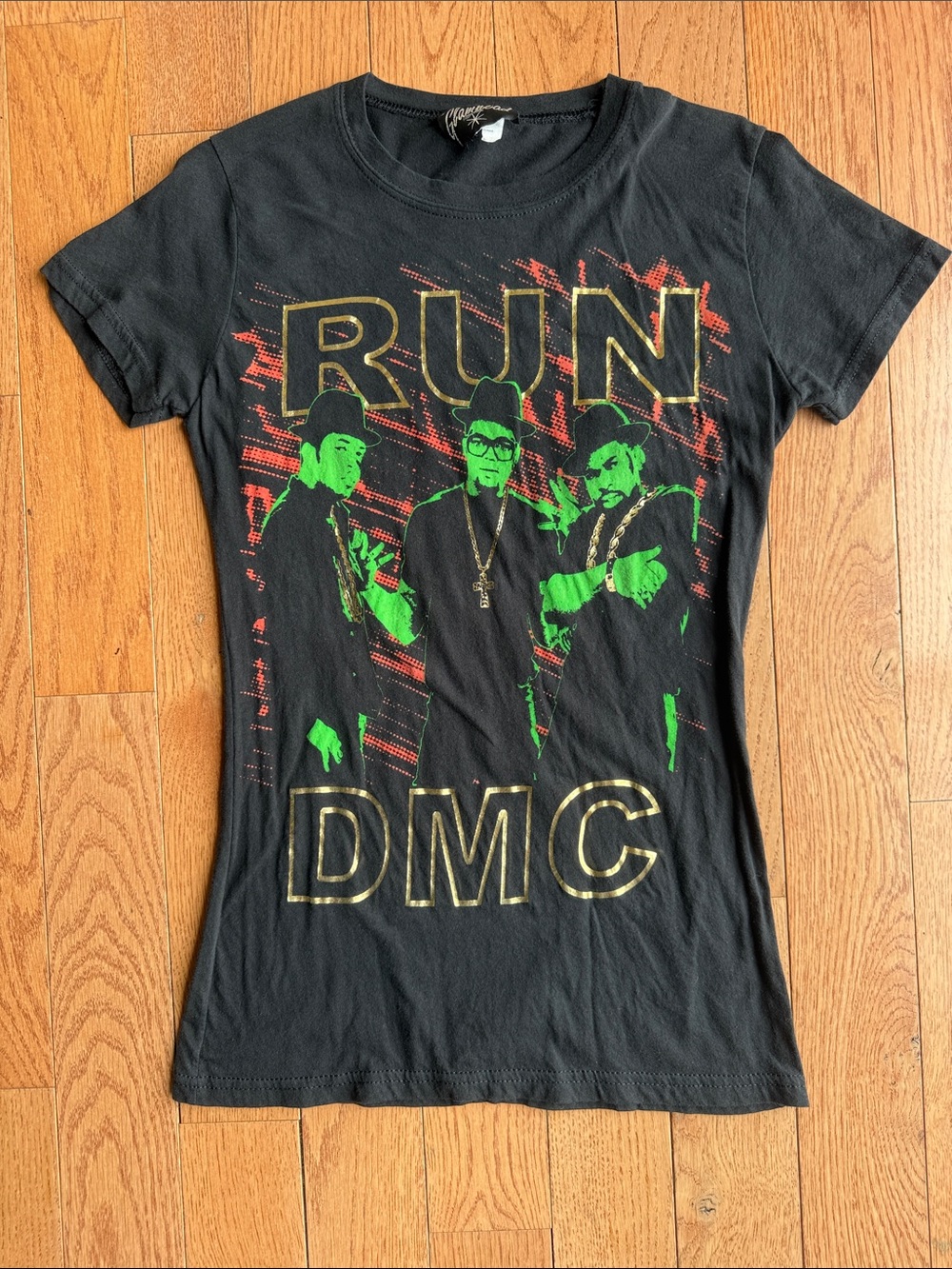 RUN DMC Graphic Tee - Black with Neon Green & Gold Print